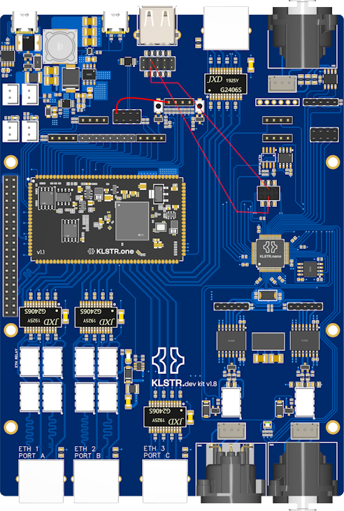 KLSTR.dev kit board with the two 0 Ω resistors to remove marked, and the crossed jumper wiring between the USB headers drawn in red