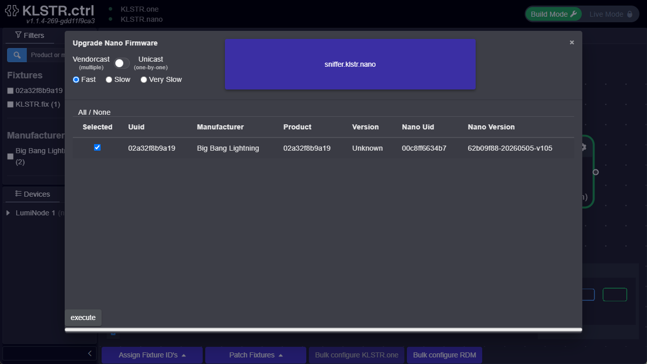 The Upgrade Nano Firmware window in KLSTR.ctrl with sniffer.klstr.nano selected, the Vendorcast and Unicast options, the transfer speed choice, and the device table